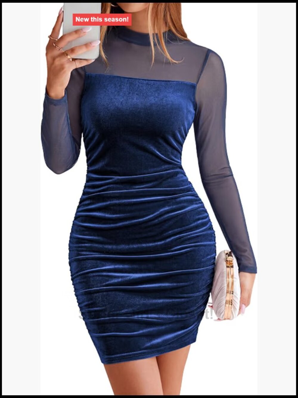 Velvet Bodycon Mini Dress Mesh Sheer Mock Neck Long Sleeve Ruched Party